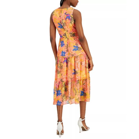 ANNE KLEIN Women's Floral-Print Crossover-Neck Midi Dress, Coral NWT - Picture 2 of 5